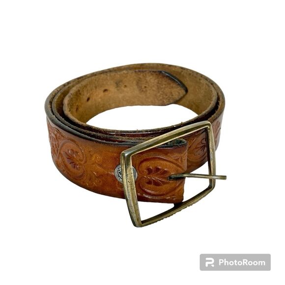 Hand Tooled Belt Leather Decorative Design Scroll Handcrafted Handmade Brown - Picture 1 of 16